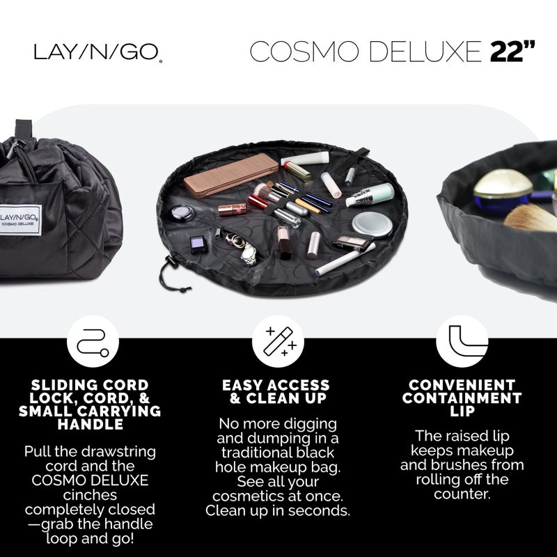 Lay-n-Go Cosmo Layflat Cosmetic & Makeup Bag Organizer - Portable Drawstring Bag w/Zipper Pocket, Brush Storage Loops & More - Durable, Machine Washable Toiletry Bag for Travel (22", Black) - Image 3